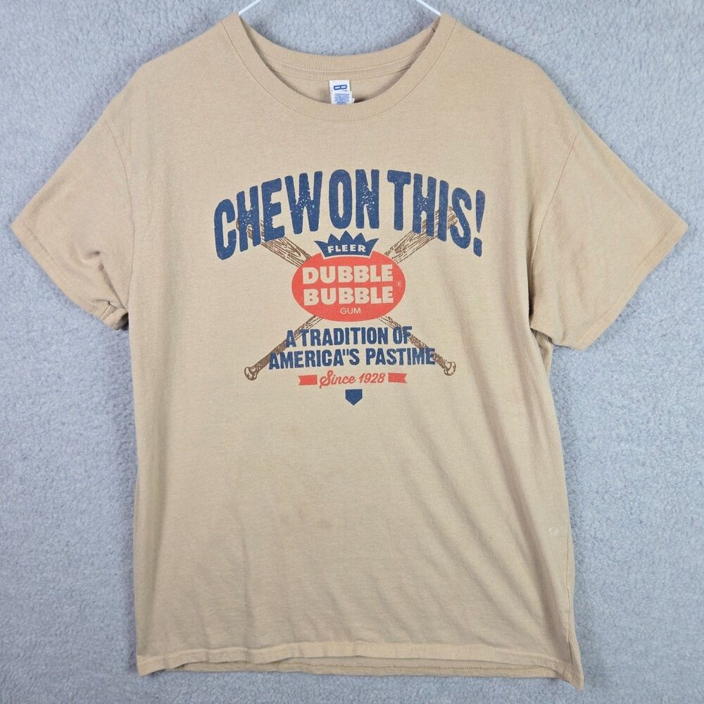 Bristol Dubble Bubble Gum Baseball T-Shirt Mens L Beige Crew Neck Short Sleeve